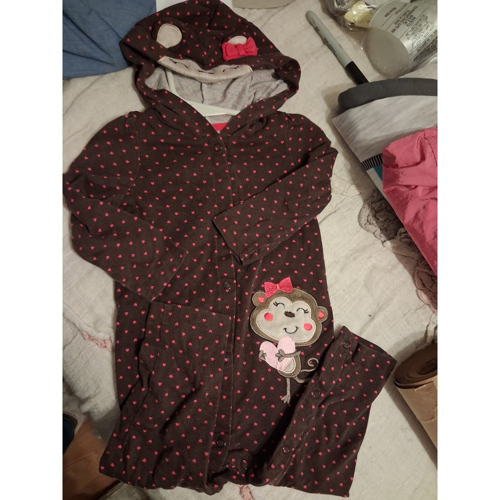 Brown Pink Heart Monkey Hooded Romper Snap Front Long Sleeve Infant Toddler